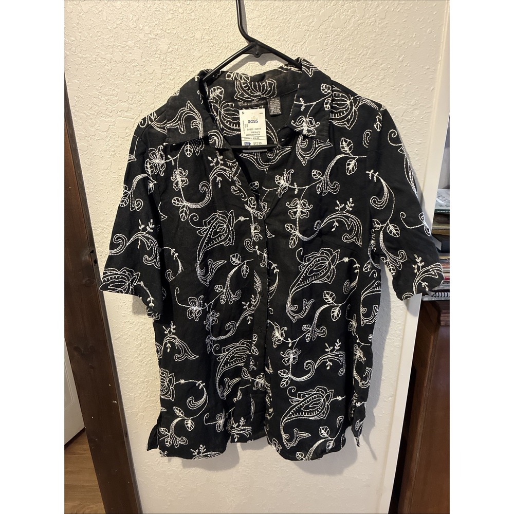 NWT club z collection xl black embroidered Women's Short Sleeve Shirt Linen Mix